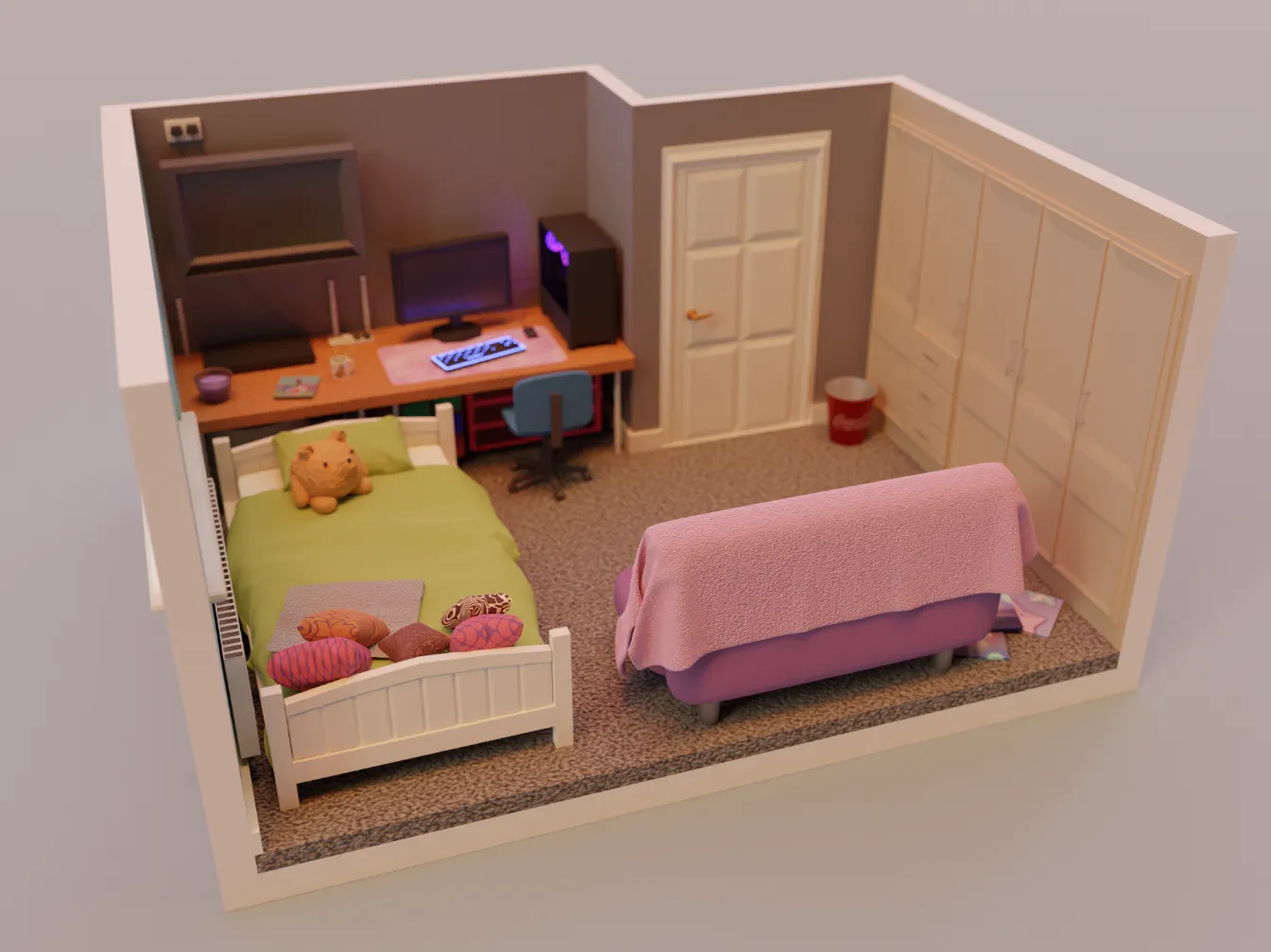 a 3d render of a bedroom with a single bed, a sofa bed couch, a tv on the wall, built in wardrobes and a double window